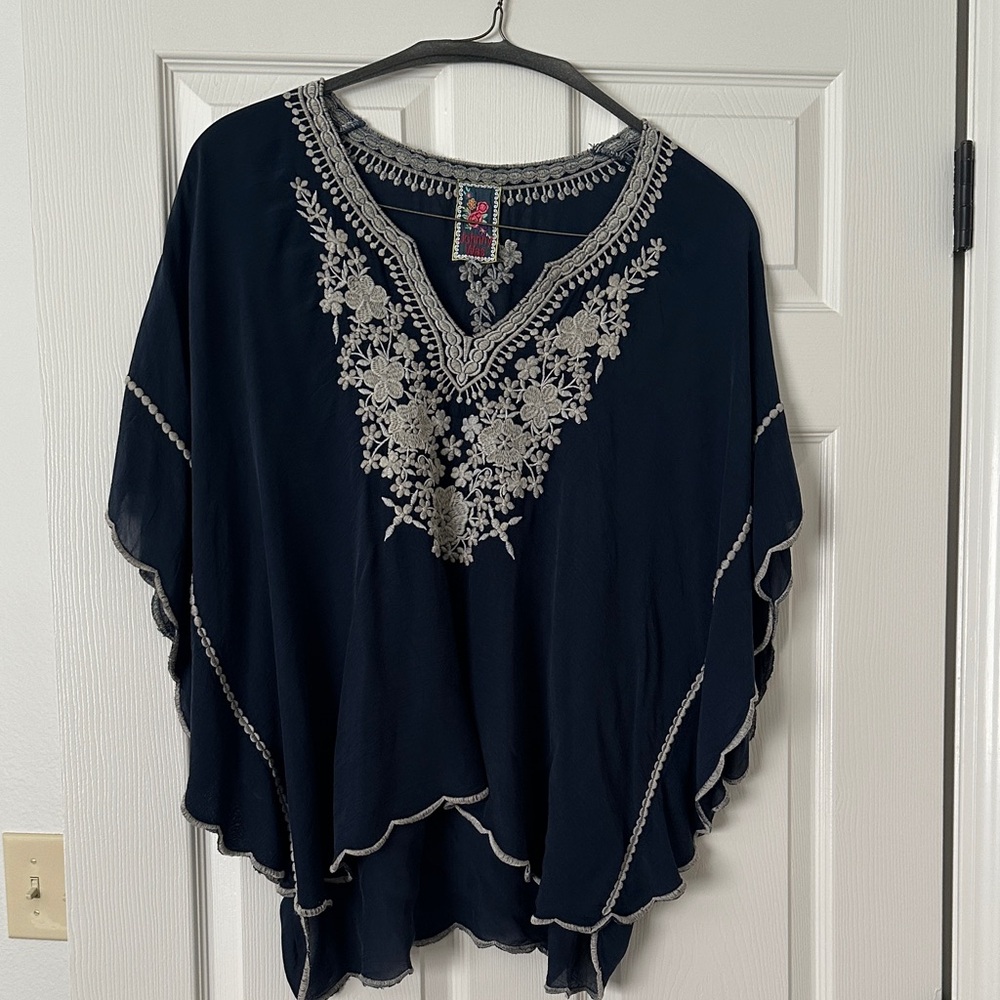 Johnny Was Navy Blue Embroidered V-Neck Tunic